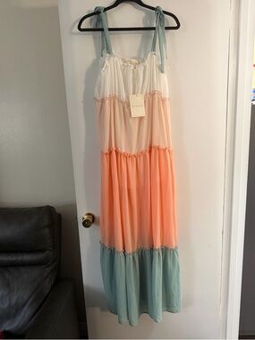Tiered Maxi Dress with Tie Straps - Cream, Peach & Mint